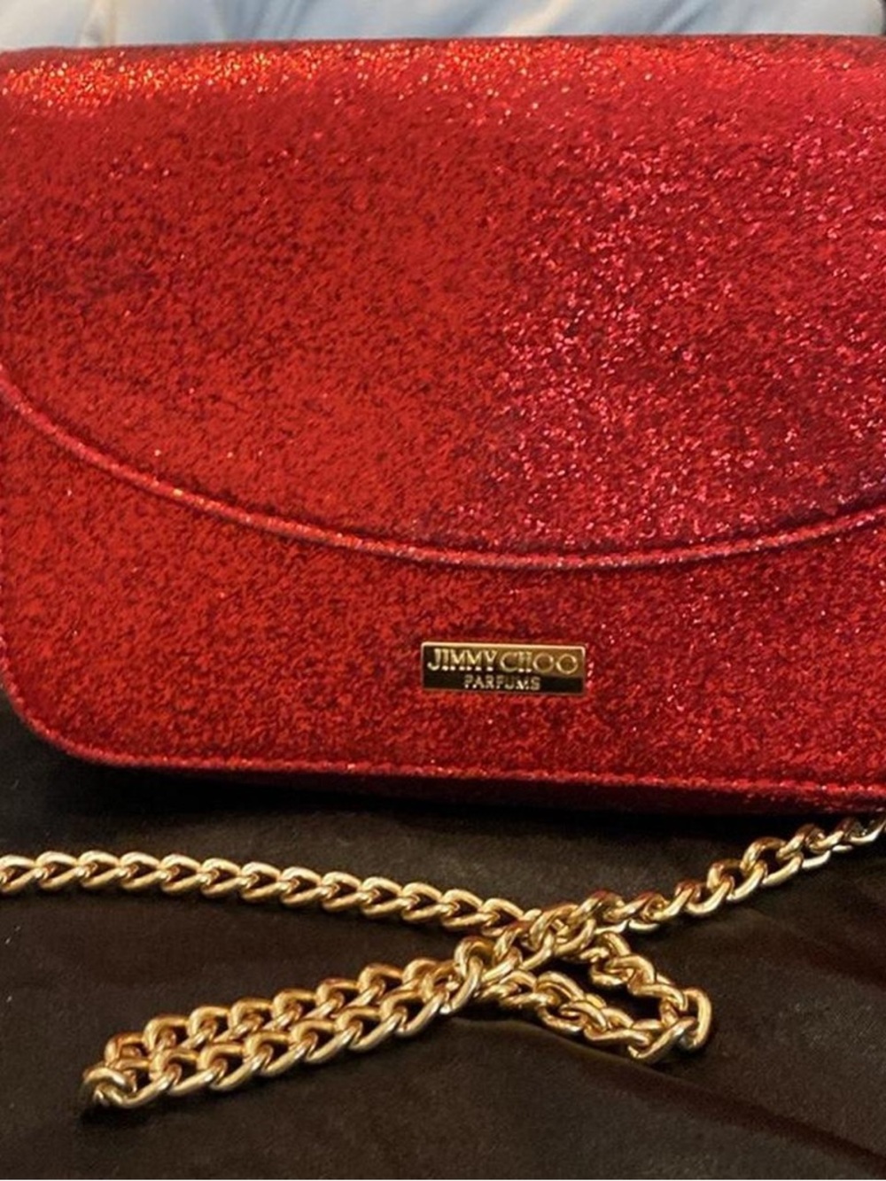 Jimmy Choo Red Glitter Crossbody with Gold Chain